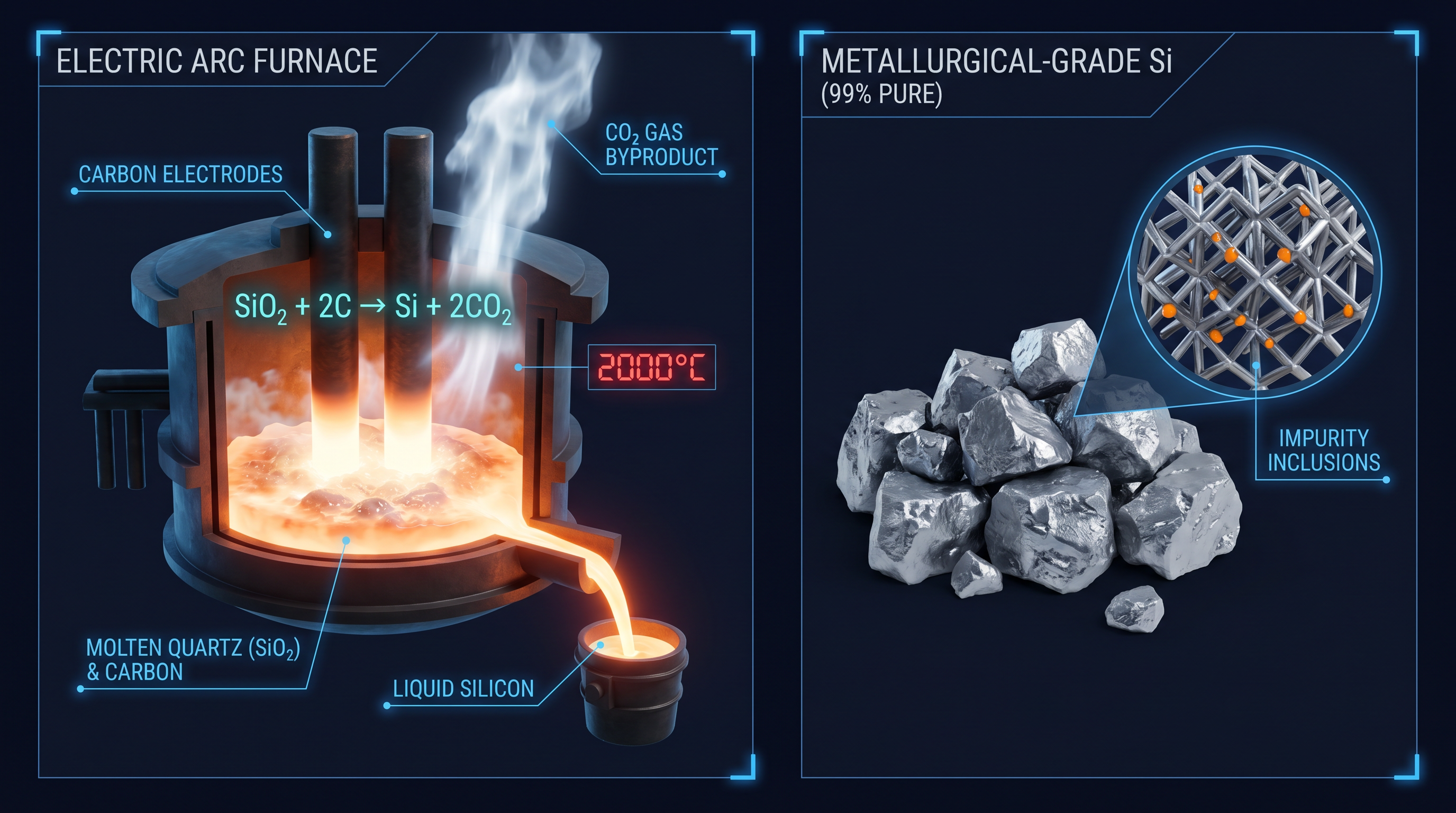 Submerged arc furnace smelting quartzite into metallurgical-grade silicon