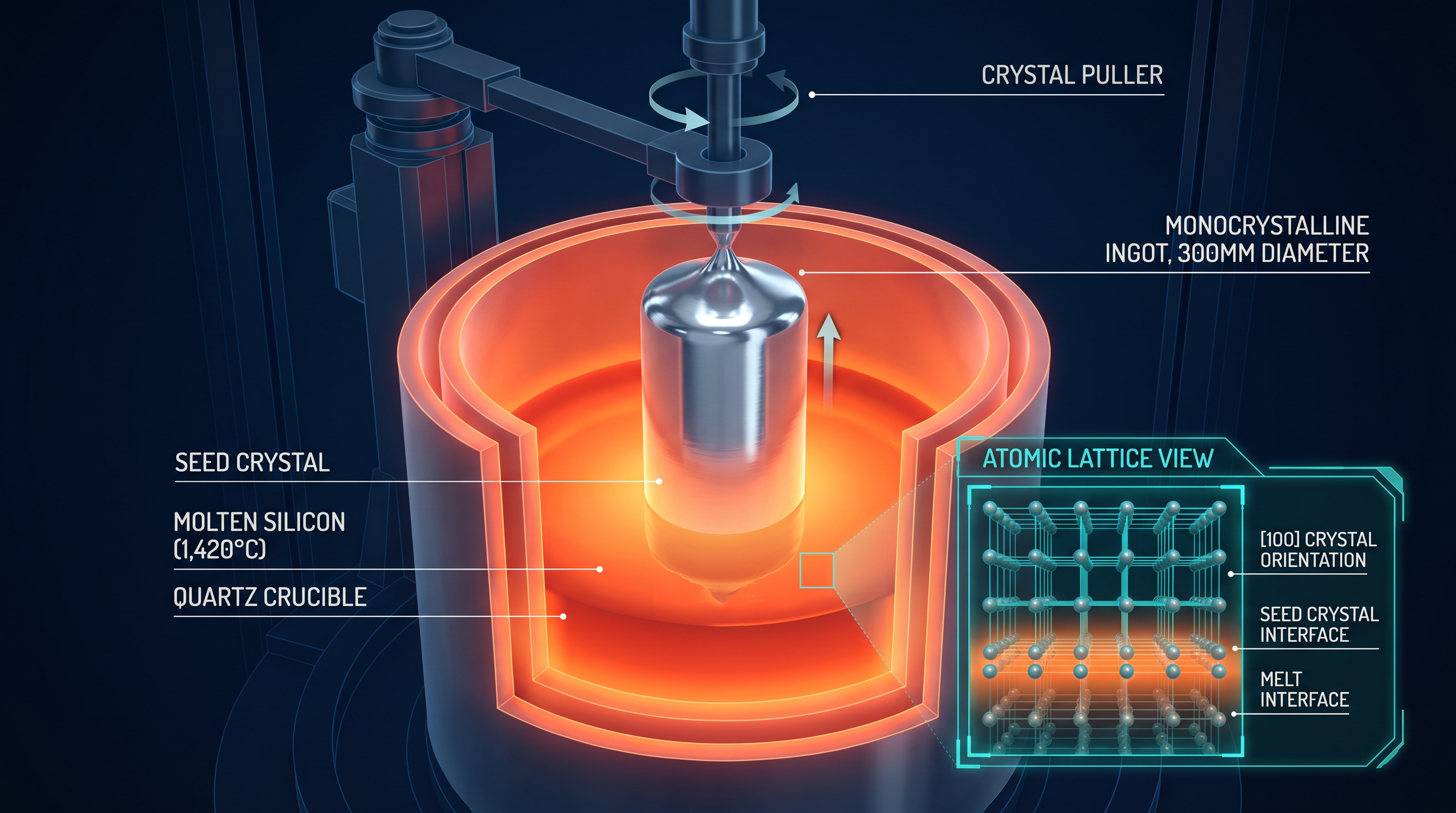 Czochralski crystal growth — pulling a monocrystalline silicon ingot from molten silicon