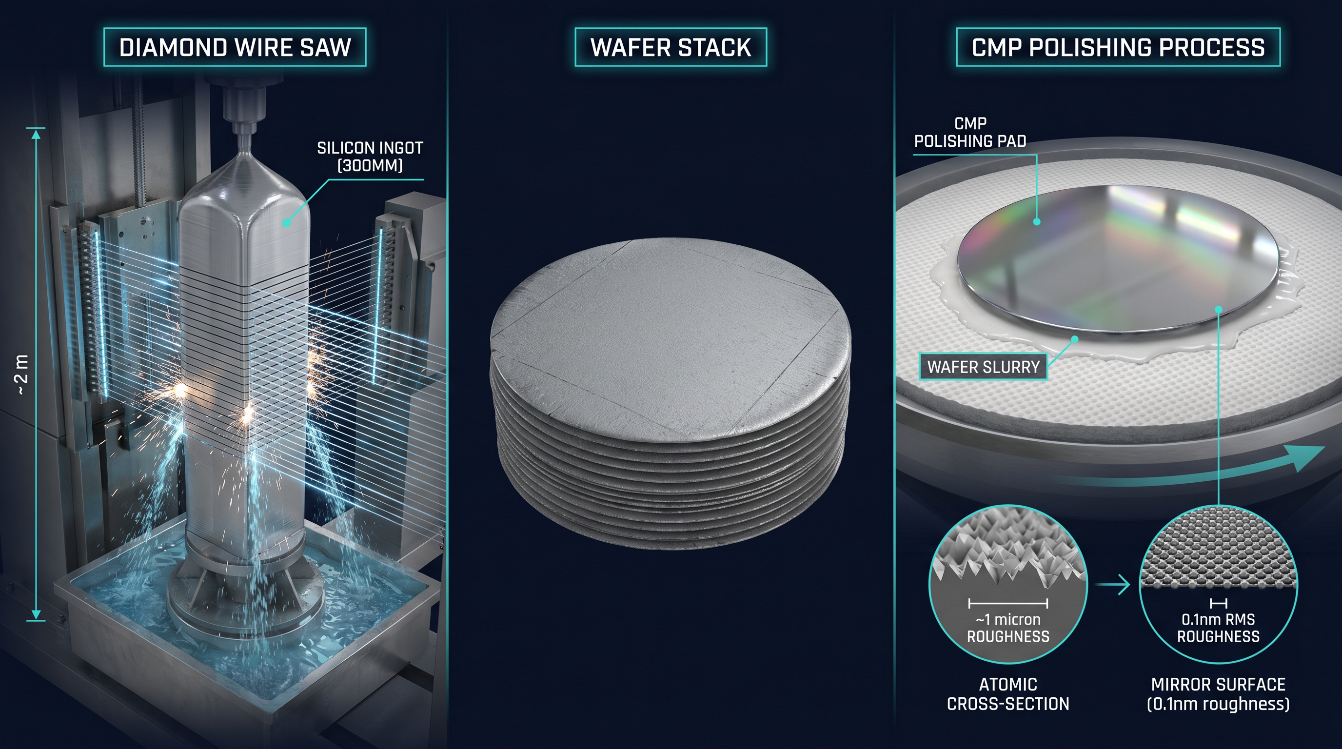 Diamond wire saw slicing silicon ingot into wafers