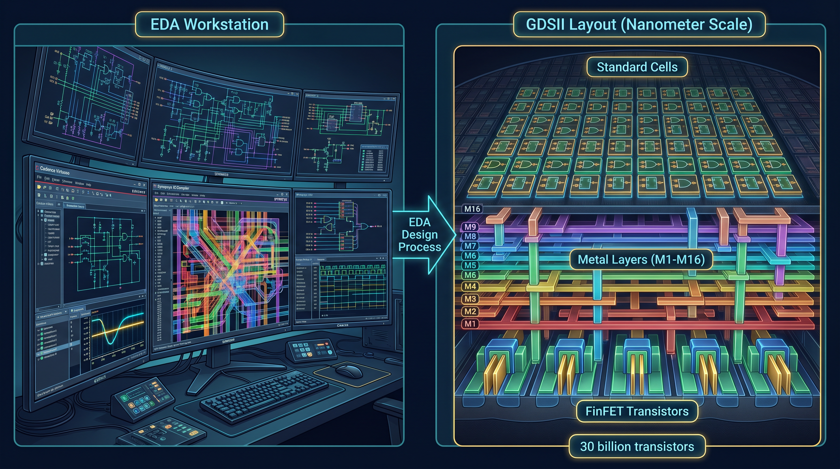 Electronic design automation — chip layout on EDA software showing transistor placement
