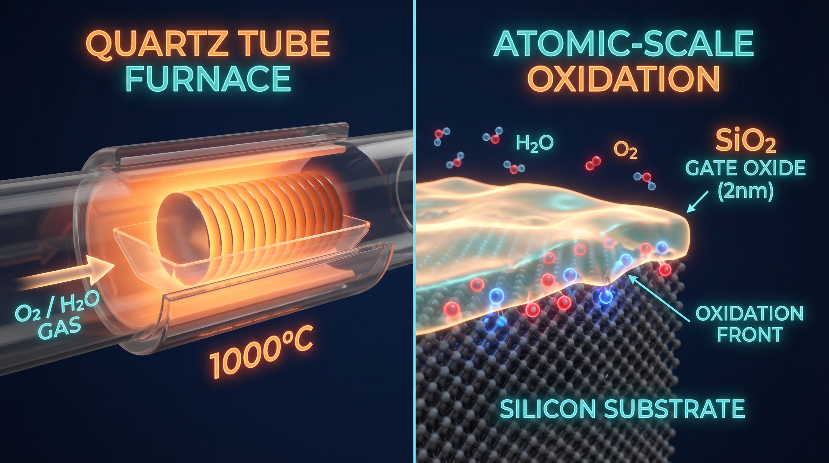 Thermal oxidation furnace — silicon wafers oxidizing in a quartz tube at 1000°C
