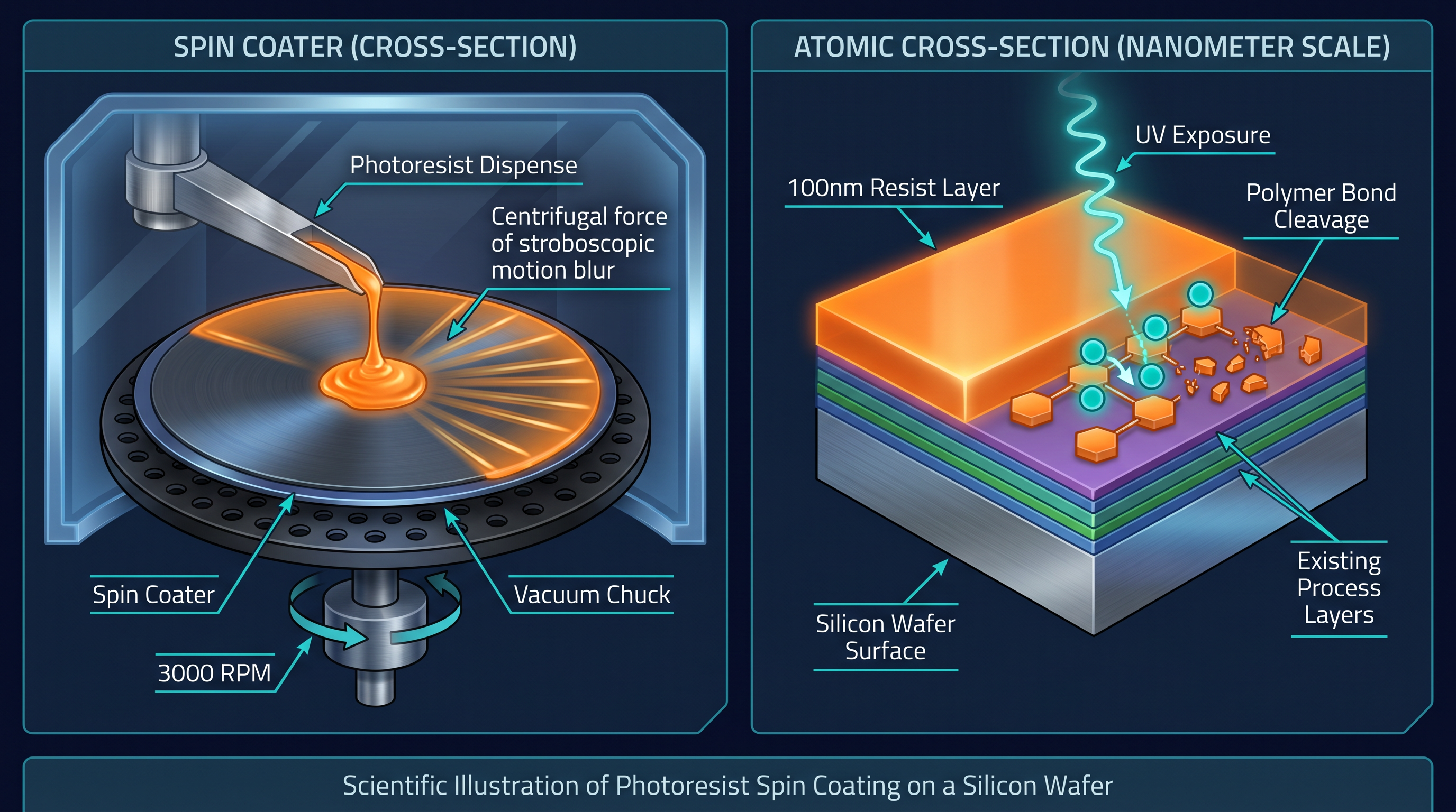 Photoresist spin coating — centrifugal force spreading light-sensitive polymer across wafer
