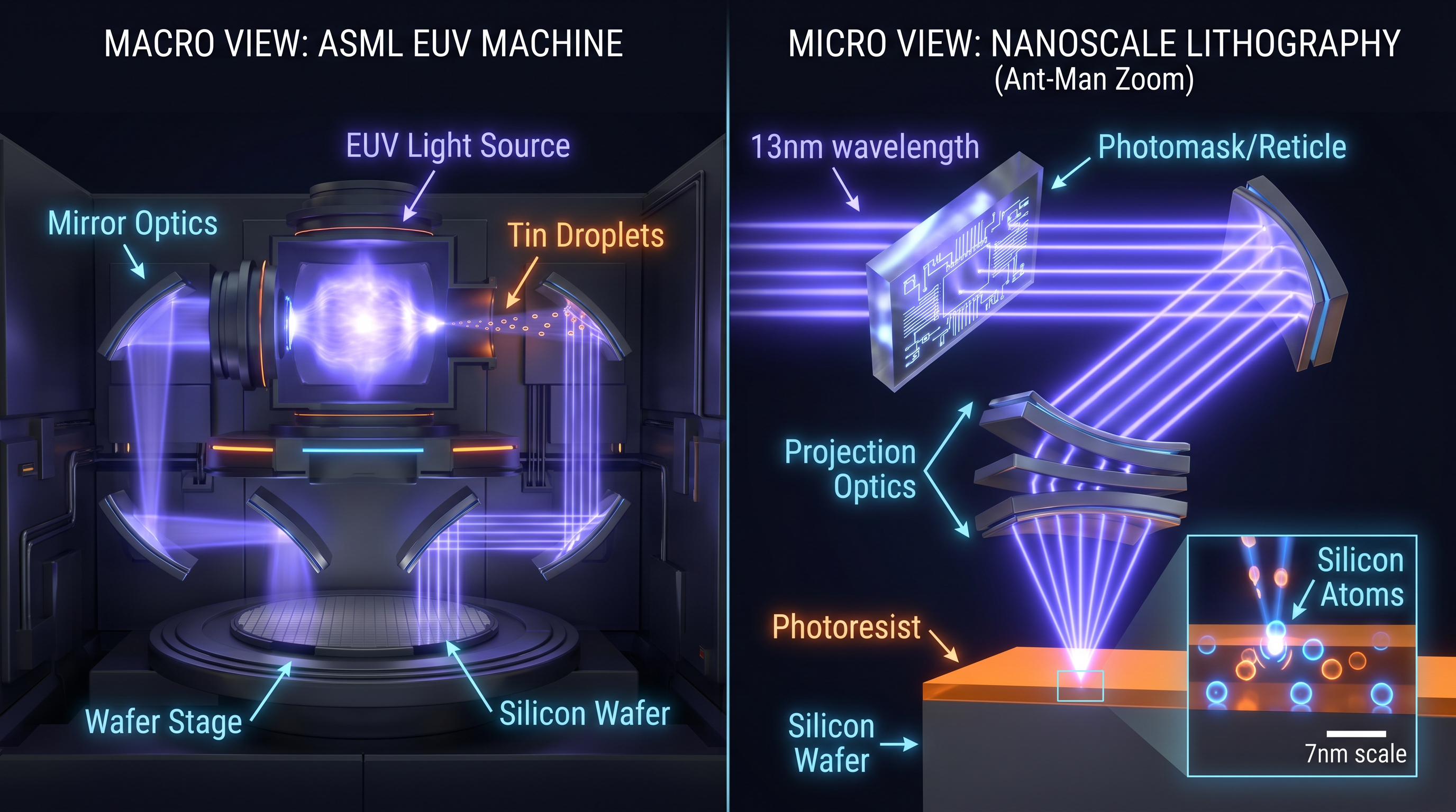 ASML EUV scanner — extreme ultraviolet lithography printing nanoscale circuits onto silicon wafer