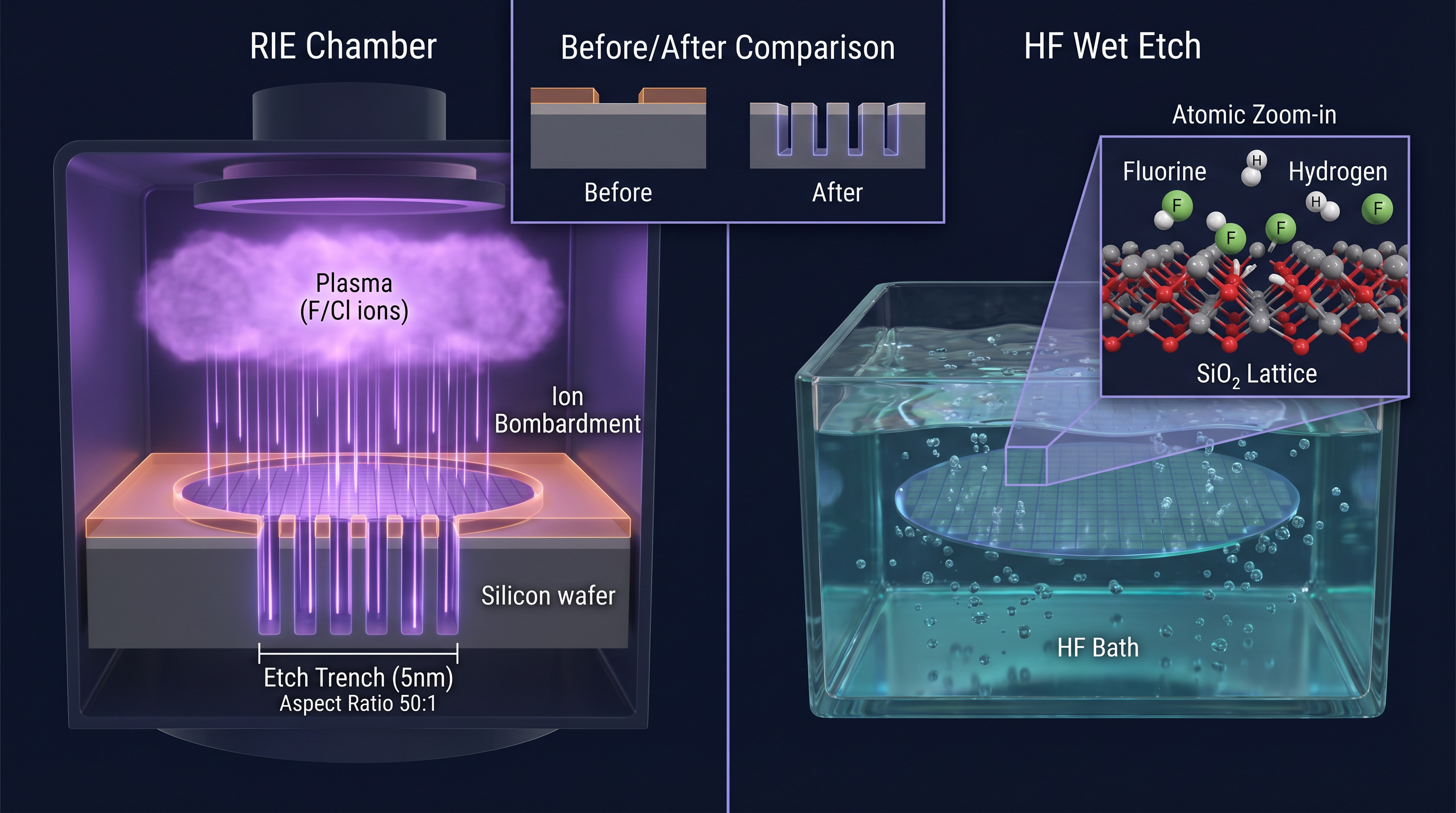 Reactive ion etching — plasma carving nanoscale circuit features into silicon wafer