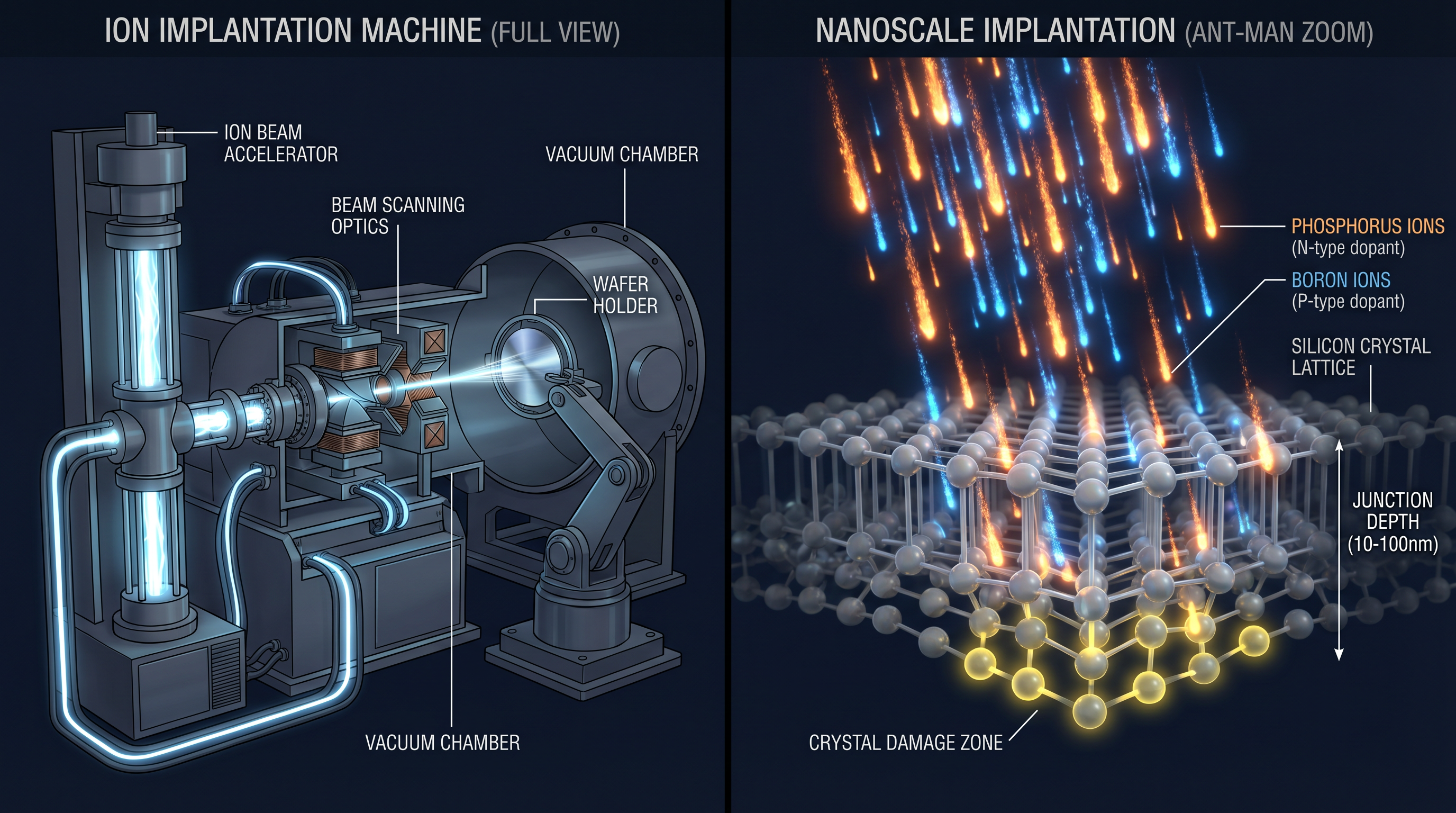 Ion implantation — high-energy ion beam firing dopant atoms into silicon wafer