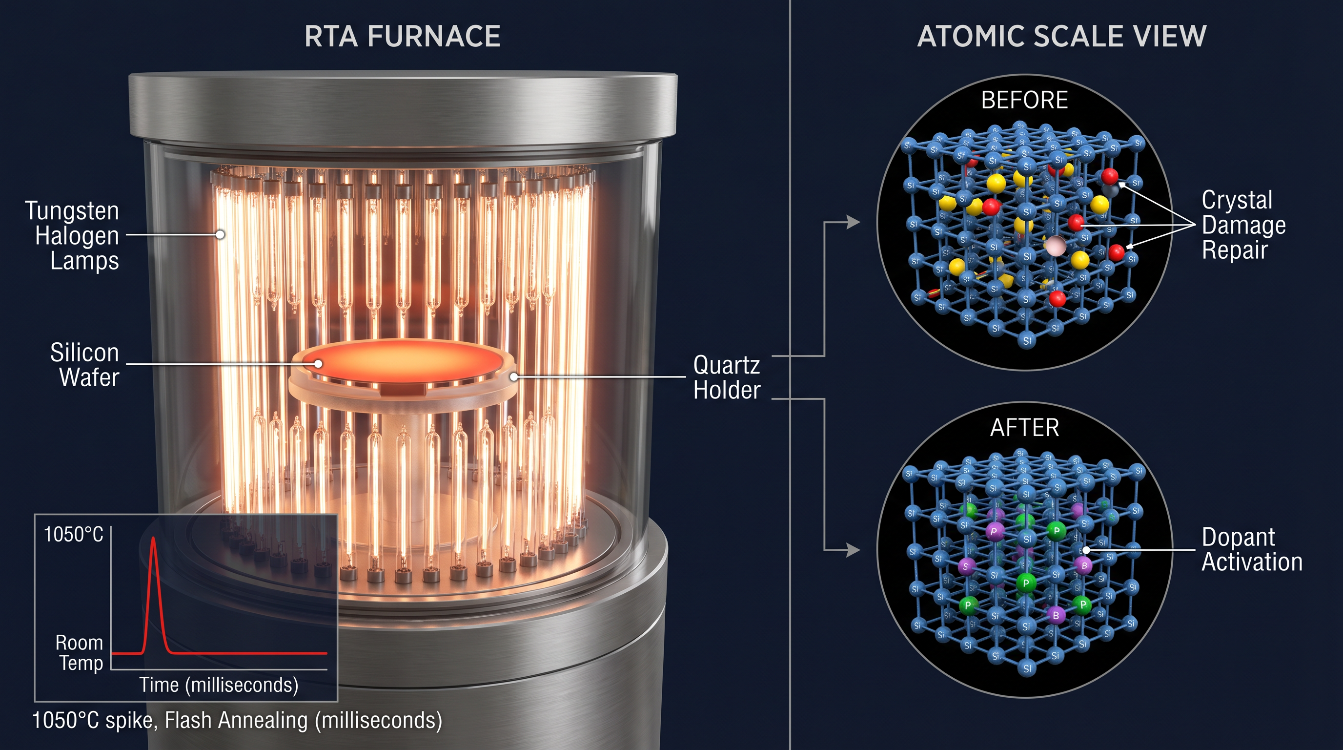Rapid thermal processing — tungsten halogen lamps flash heating silicon wafer for crystal annealing