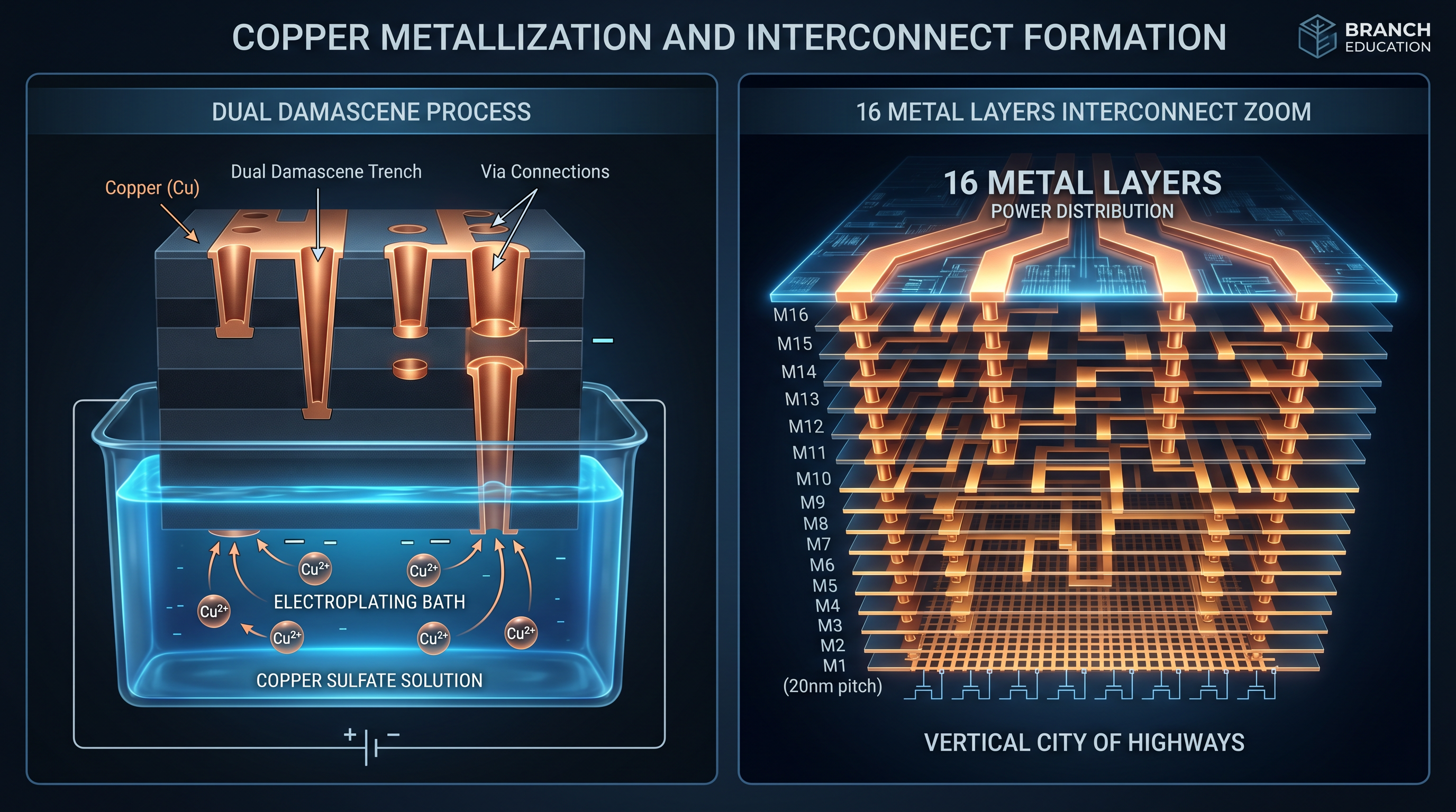 Copper interconnects — dual damascene process building multi-layer copper wiring network