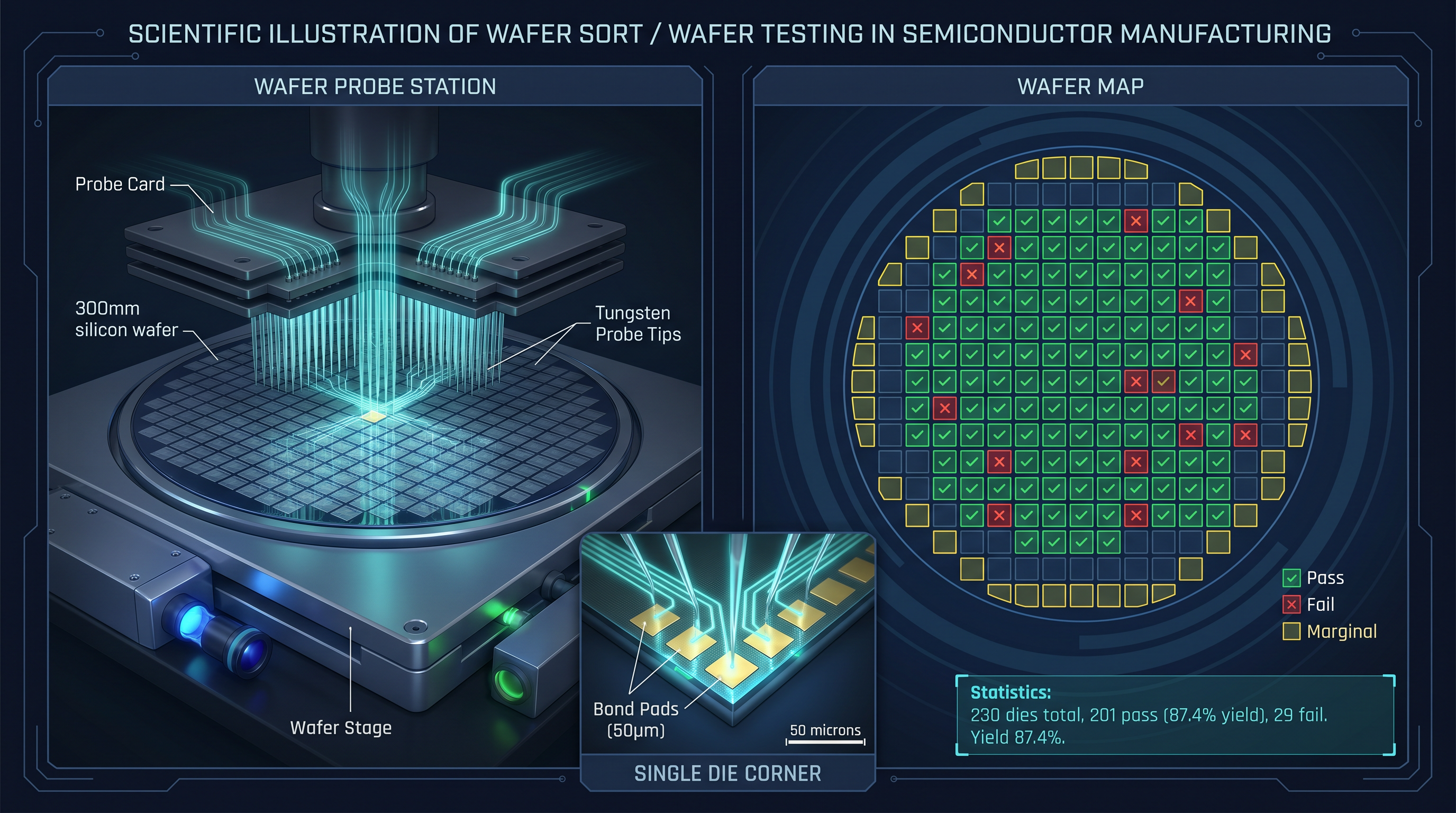 Wafer probe station — tungsten needle probe card testing every die on a 300mm wafer
