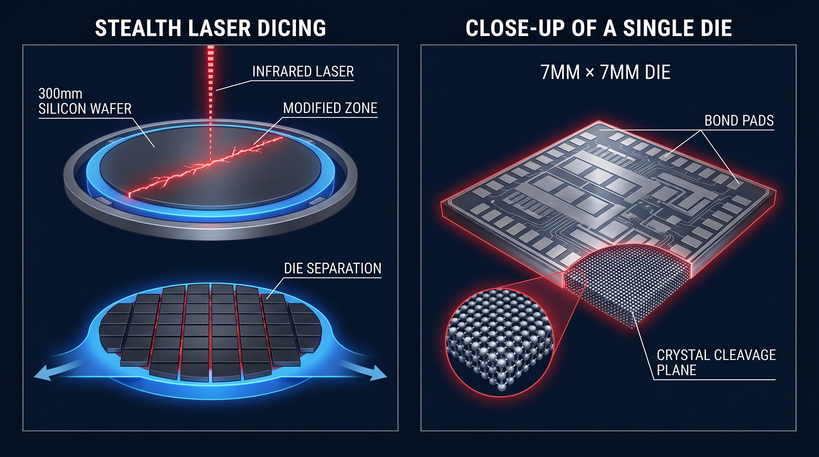 Wafer dicing — diamond blade or stealth IR laser separating individual dies from silicon wafer