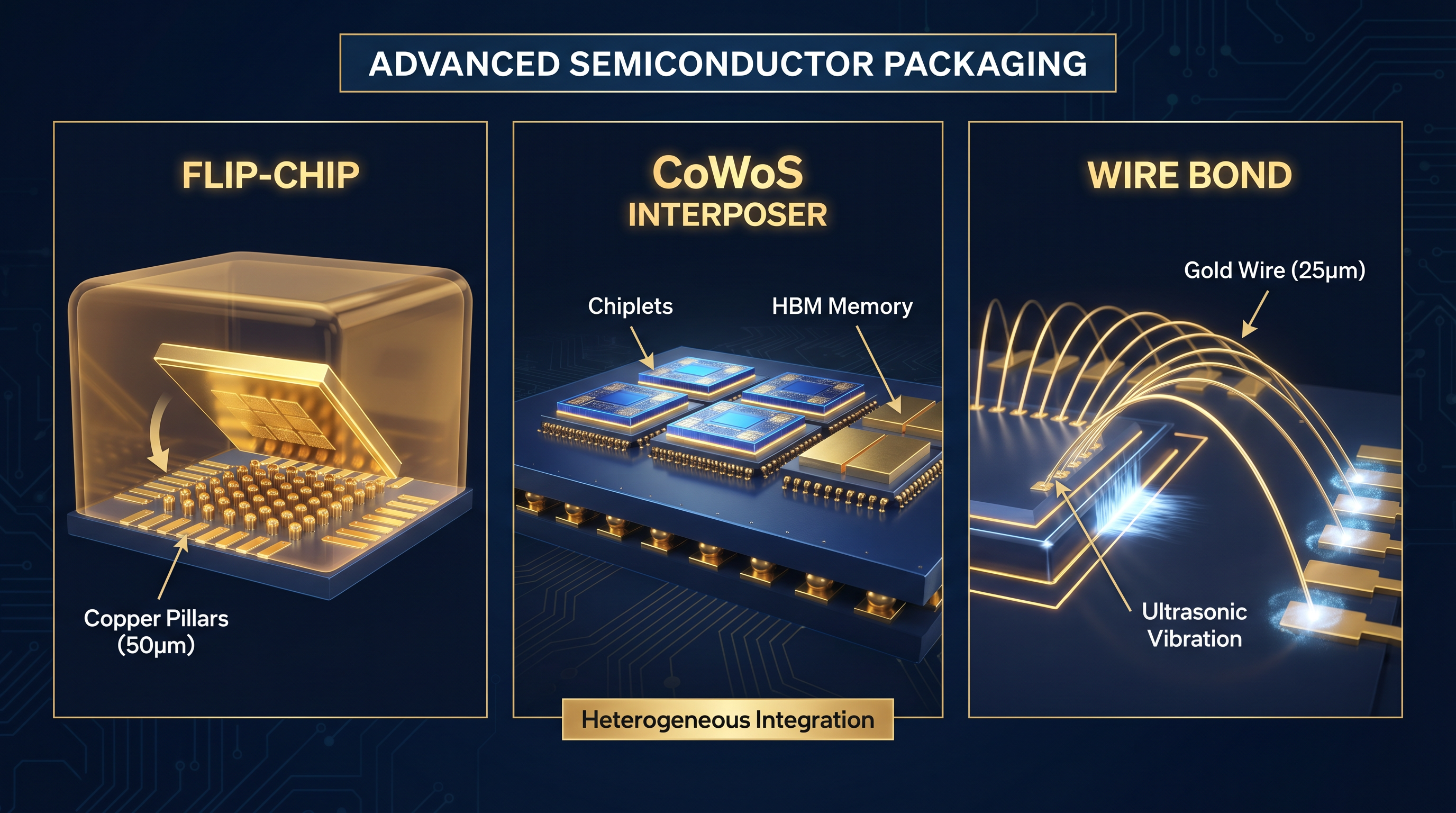 Advanced chip packaging — flip chip bonding, wire bonding, and CoWoS integration