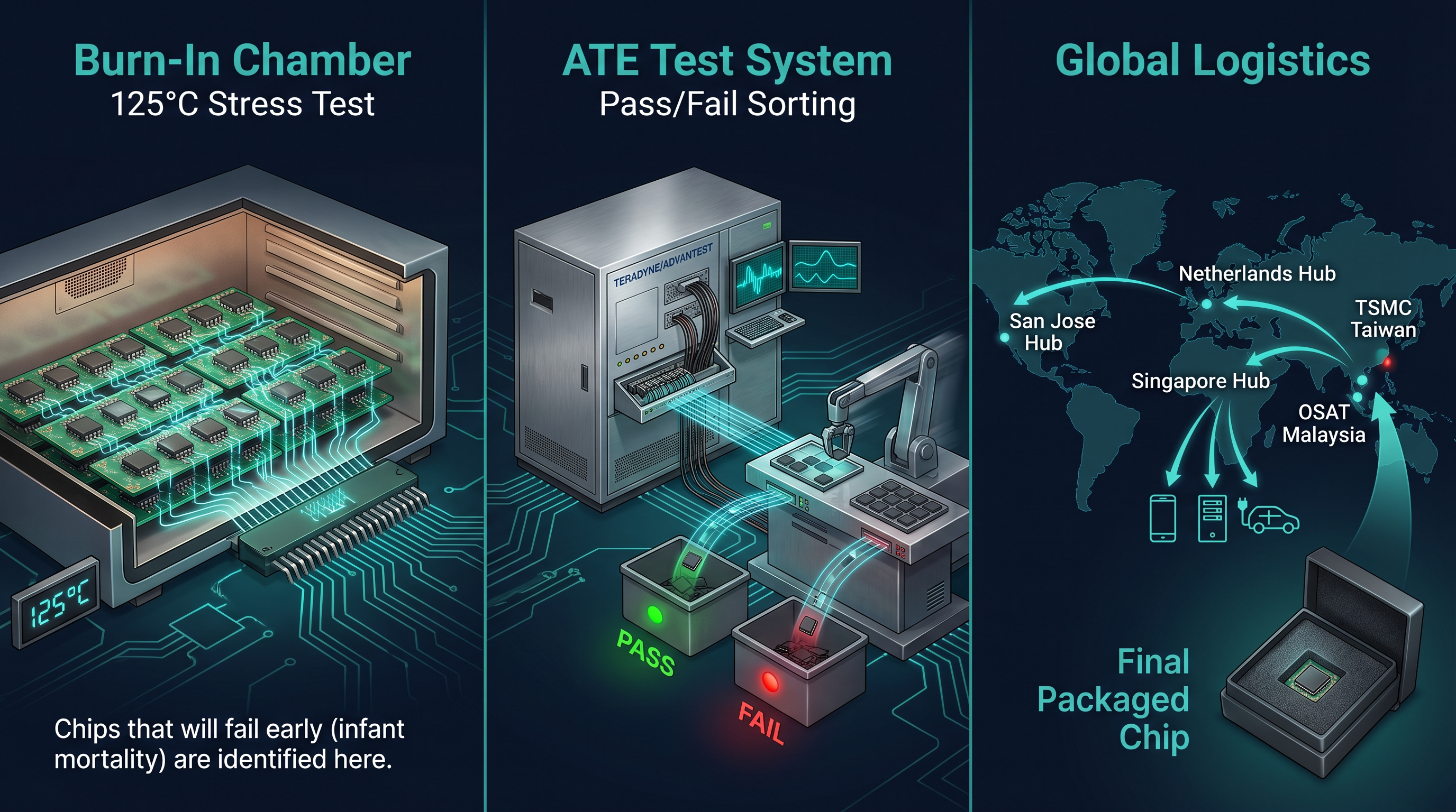 Final chip testing and burn-in — packaged chips undergoing stress testing at 125°C